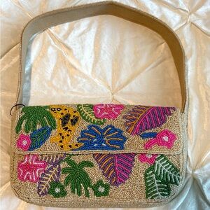 Vibrant Beaded Shoulder Bag with Tropical Design